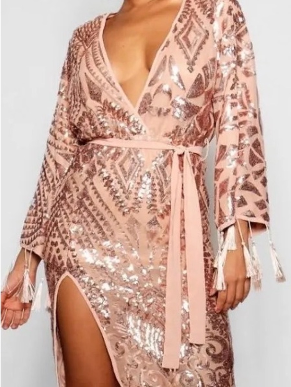 Boohoo Rose Gold Sequin Wrap High-Low Dress